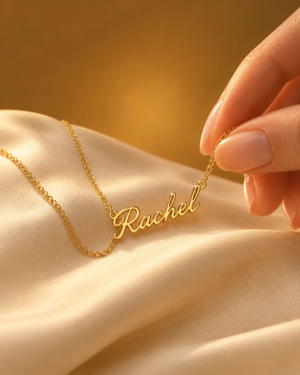 A delicate gold stainless-steel personalized name necklace with a fine chain and a small continuous