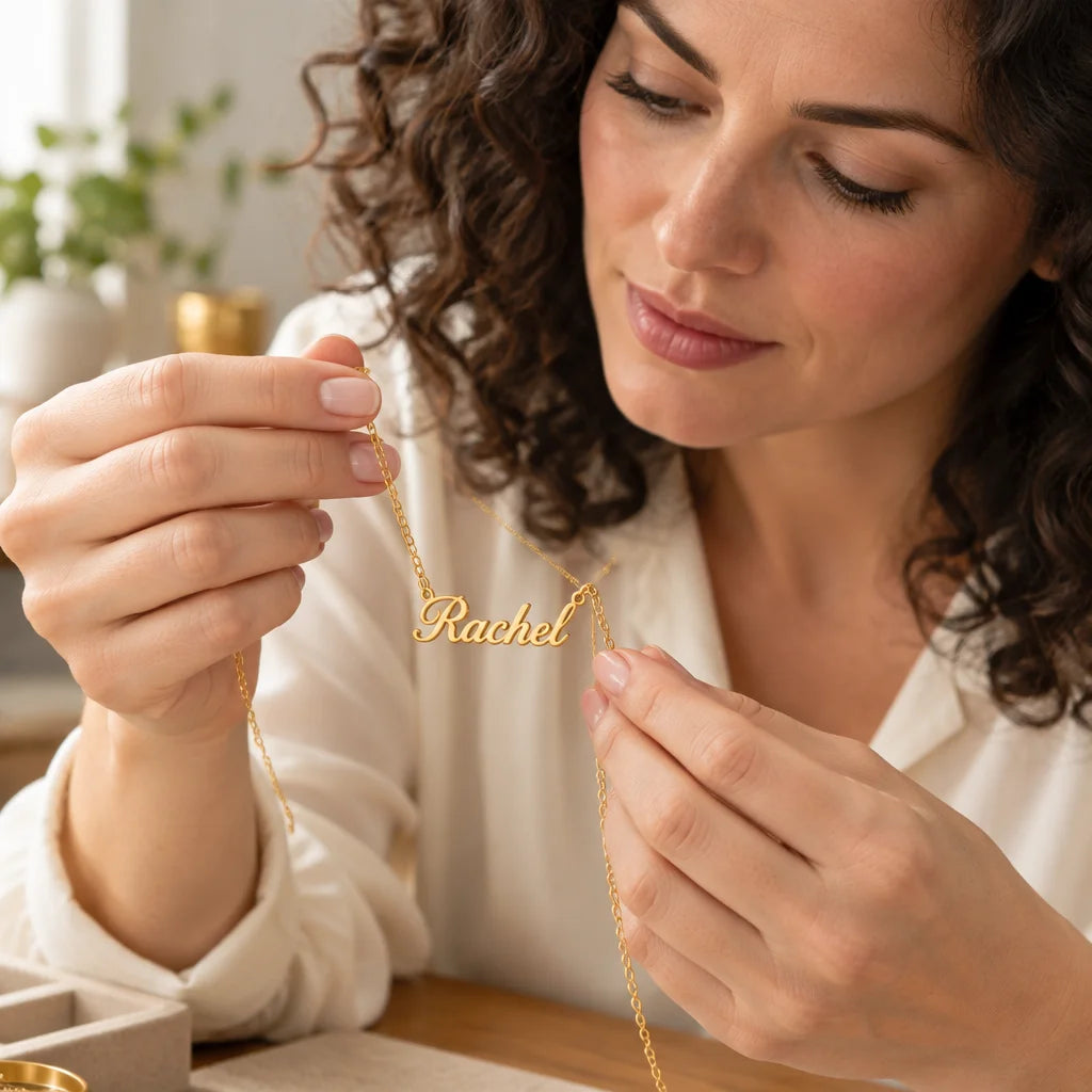 A gold stainless-steel personalized name necklace with a fine chain and cursive pendant, held close