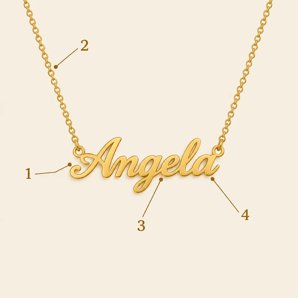 A gold stainless-steel personalized name necklace with a fine chain and continuous cursive pendant,
