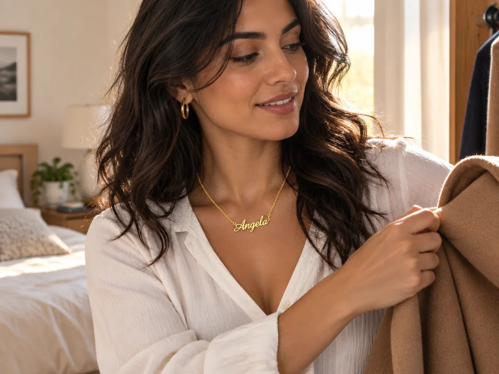 A gold stainless-steel personalized name necklace with a fine chain and cursive pendant, large and c